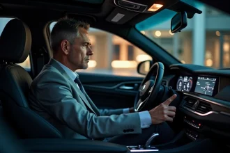 Homme d'âge moyen dans sa voiture moderne regardant le tableau de bord