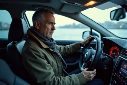 Homme d'âge moyen dans une voiture hiver regardant le tableau de bord