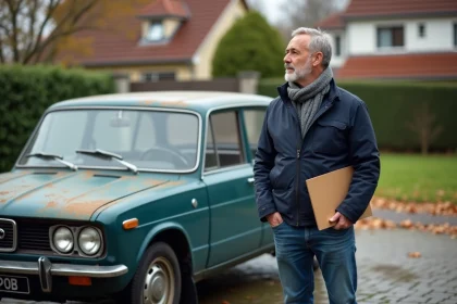 Homme d'âge moyen contemplant une vieille voiture diesel dans une cour