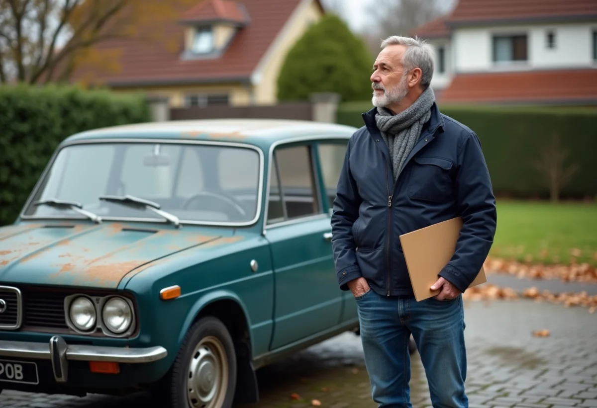 Homme d'âge moyen contemplant une vieille voiture diesel dans une cour