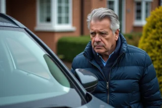 Homme examinant le pare-brise de sa voiture en extérieur