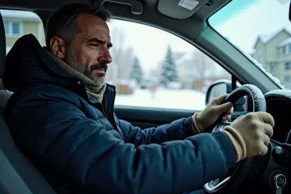 Homme en manteau hiver dans une voiture froide