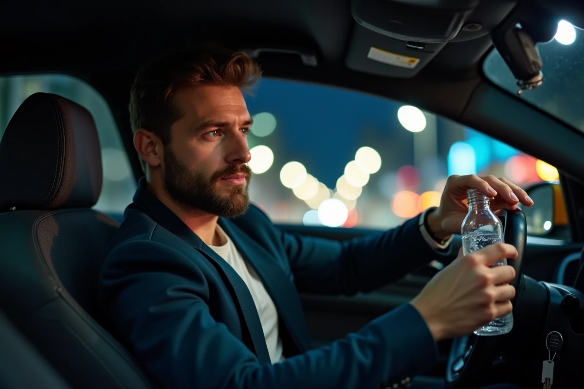 Homme pensif dans sa voiture la nuit avec clé et verre d'eau