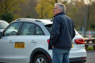 Homme d'âge moyen près d'une voiture blanche sur une aire de repos en France