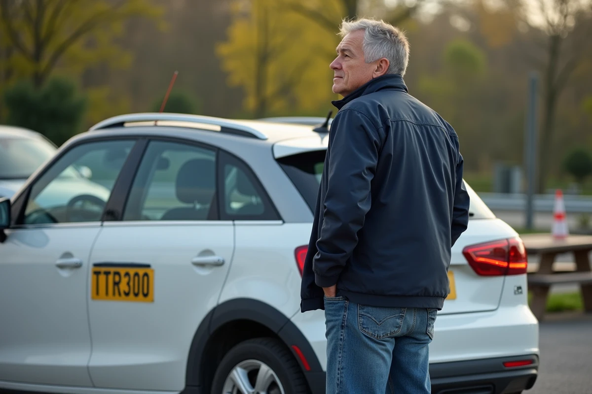 Homme d'âge moyen près d'une voiture blanche sur une aire de repos en France