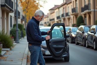 Homme regardant la serrure d'une voiture en ville