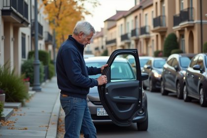 Homme regardant la serrure d'une voiture en ville