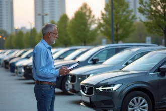 Homme d'âge moyen à côté de voitures dans un parking urbain
