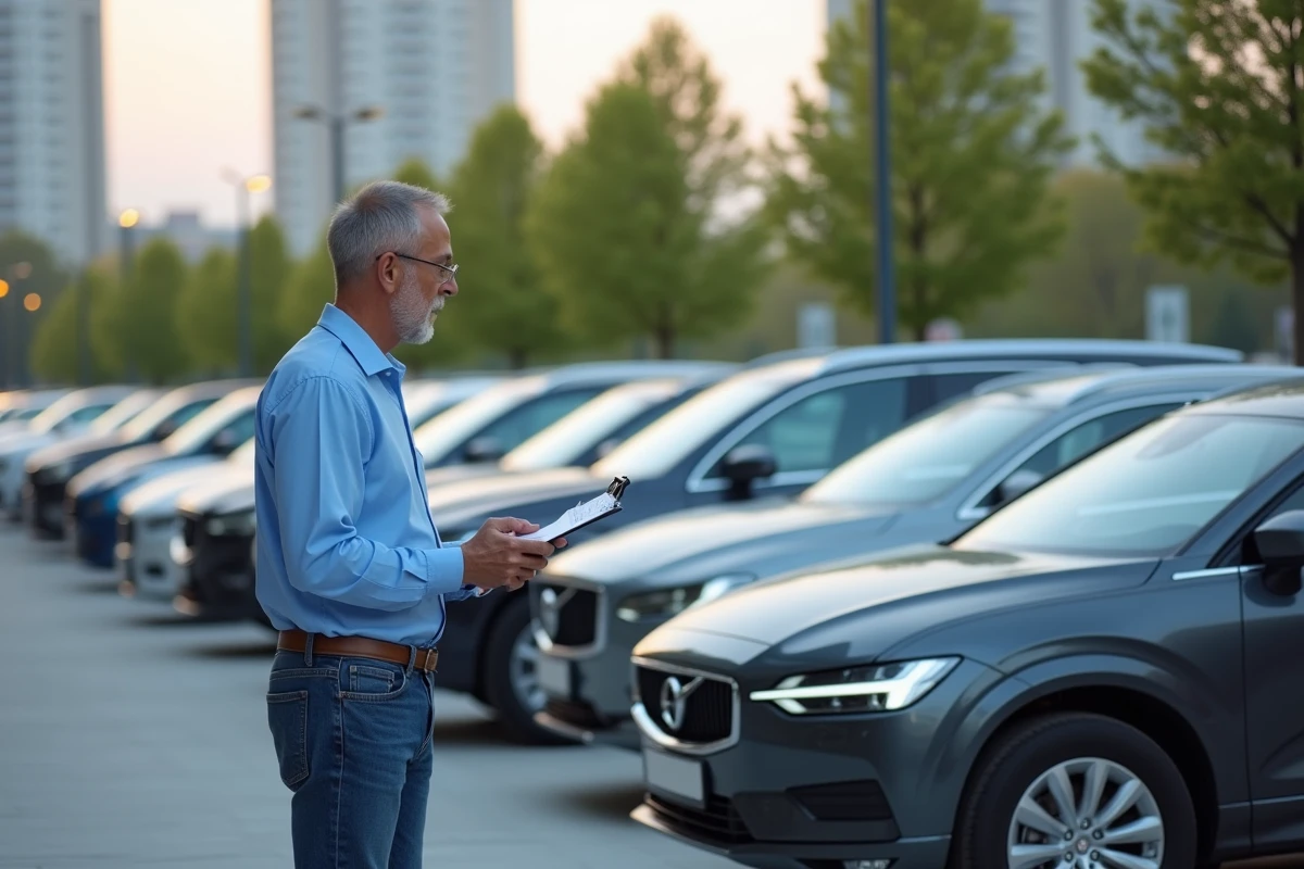 Homme d'âge moyen à côté de voitures dans un parking urbain