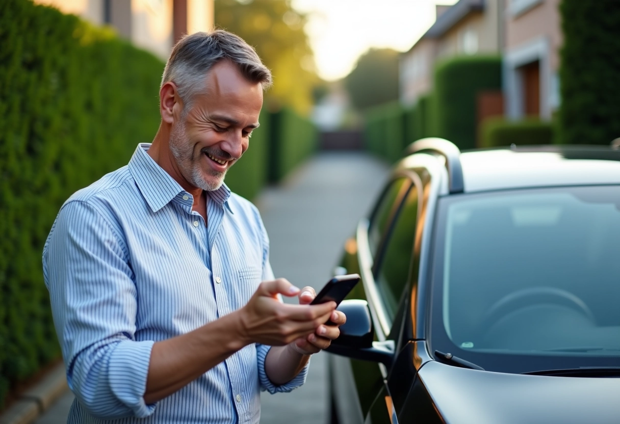 Homme souriant vérifiant des avis auto sur son smartphone à l