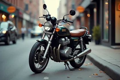 Honda CB 900 d'occasion garée en milieu urbain, vue trois quarts révélant l'état général de la moto sur le marché de l'occasion