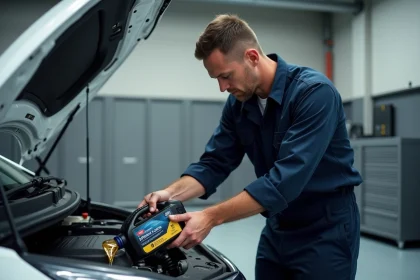 Technicien automobile versant de l'huile moteur 5W-30 dans le moteur d'une Peugeot 208 essence dans un garage