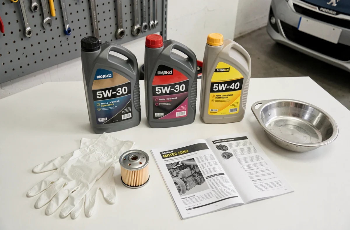 Présentation des huiles moteur et accessoires recommandés pour la Peugeot 208 essence sur un établi de garage