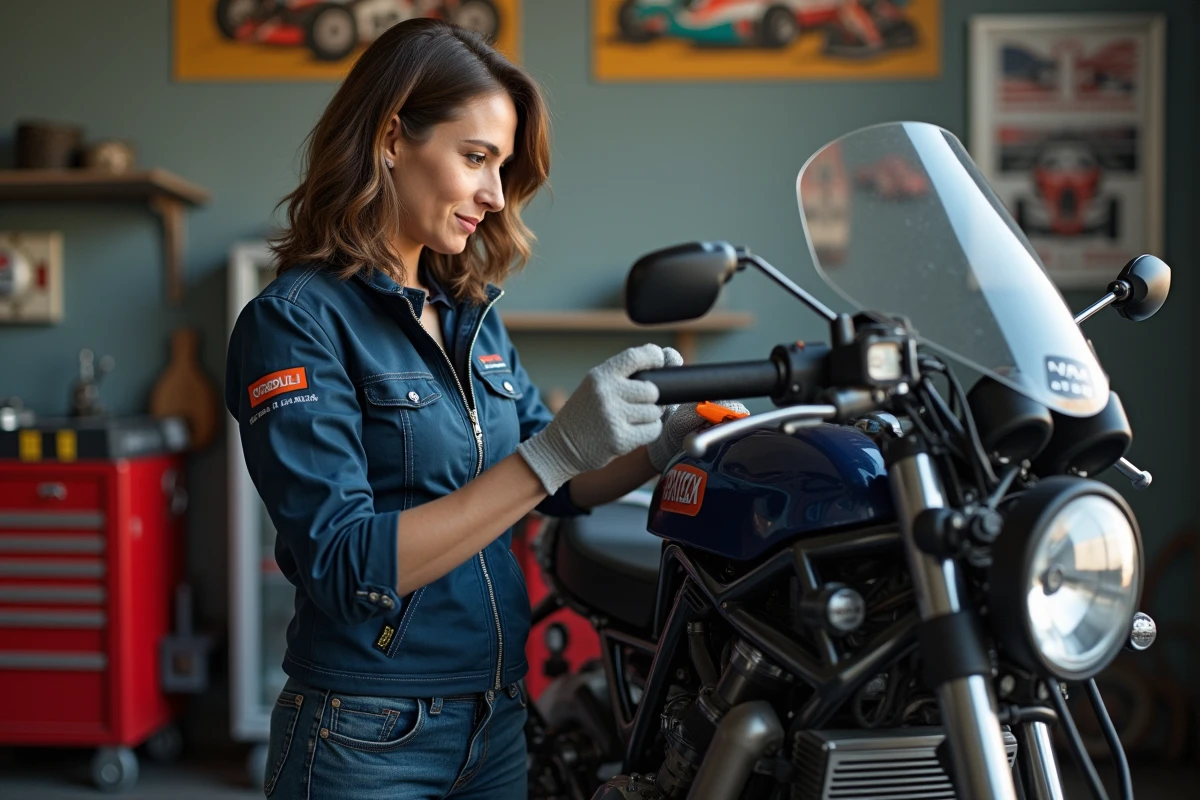 Ingénieure moto examinant un moteur en atelier