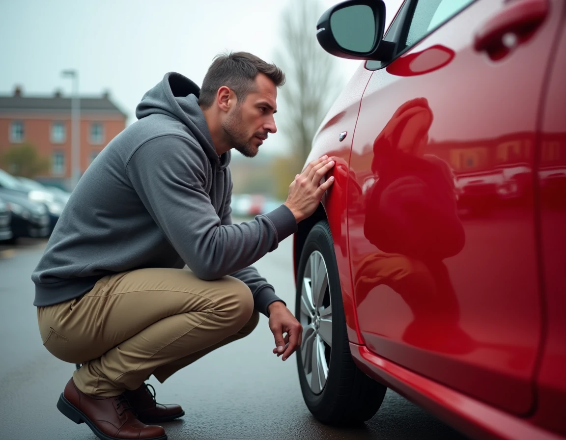 Homme inspectant la carrosserie d'une Peugeot 208 rouge d'occasion dans un parking urbain avant achat