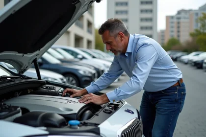 Homme inspectant le moteur d'une voiture de luxe en extérieur