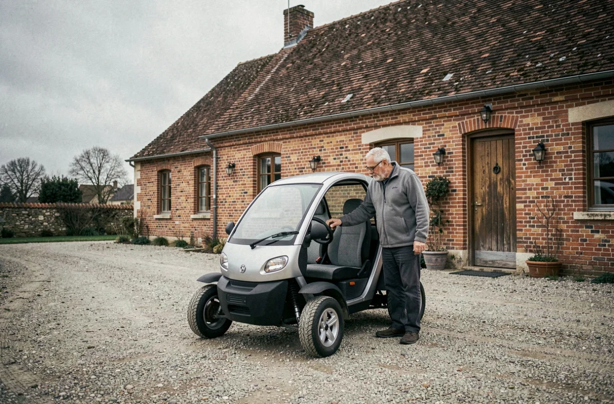 Homme âgé inspectant une voiture sans permis d'occasion devant une ferme en brique dans la Somme
