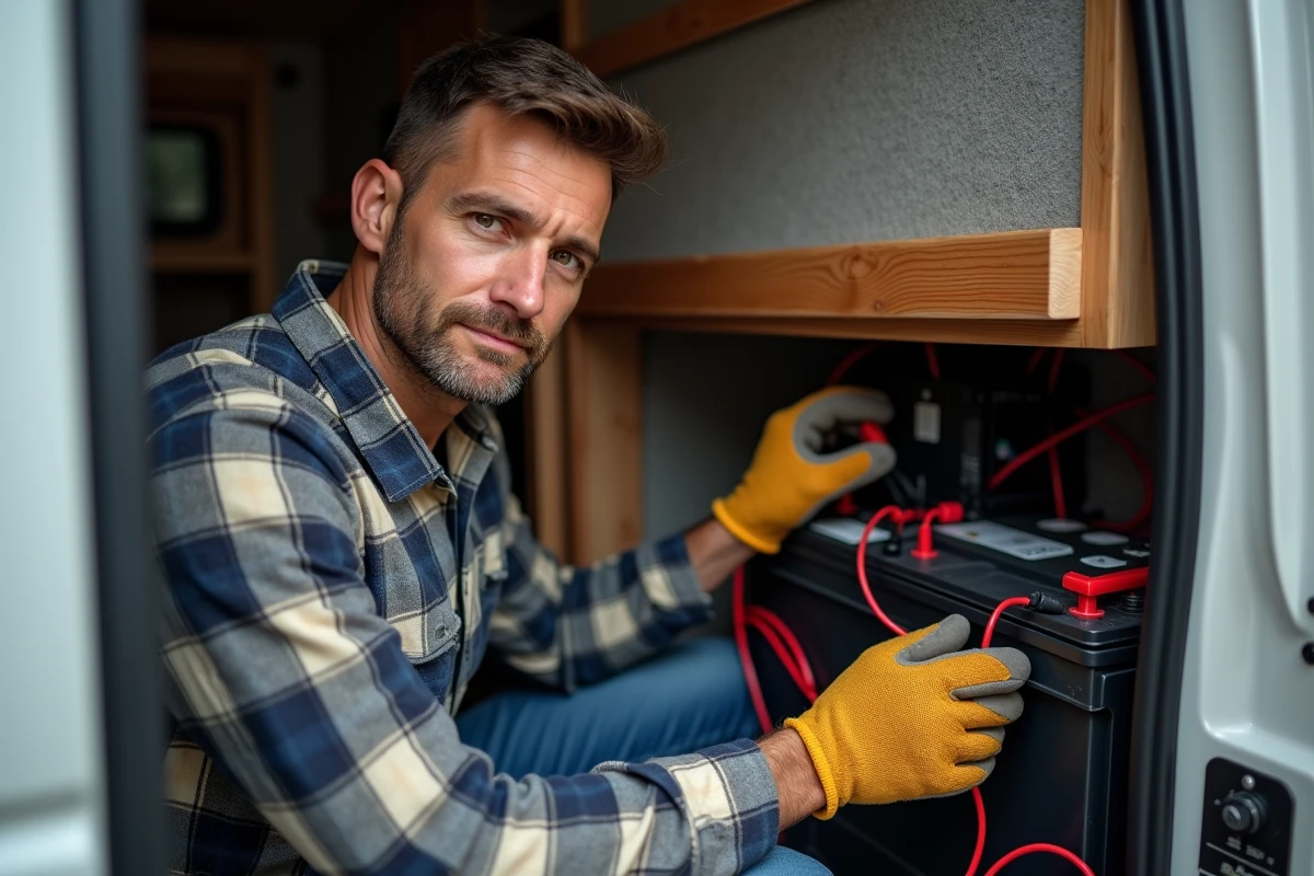 Homme installant un convertisseur 12V 220V sous le siège d'un camping-car avec câbles de batterie