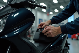 Mécanicien installant discrètement un GPS moto noire