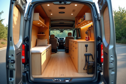 Intérieur d'un van Peugeot Expert aménagé avec rangements et lit