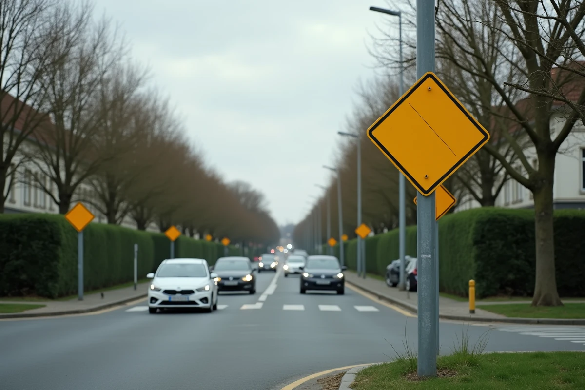 Intersection avec panneau de route à caractère prioritaire en zone périurbaine française