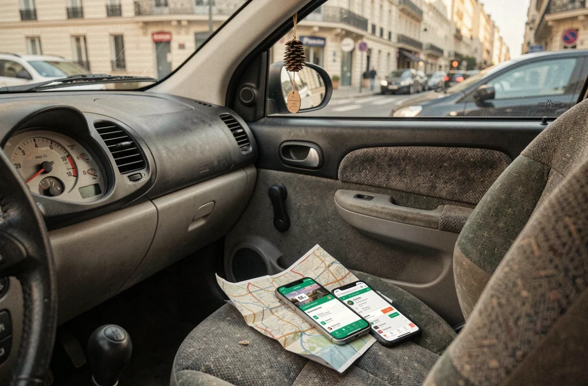 Jauge de carburant presque vide et application de comparaison de prix du gasoil sur smartphone dans une voiture à Paris