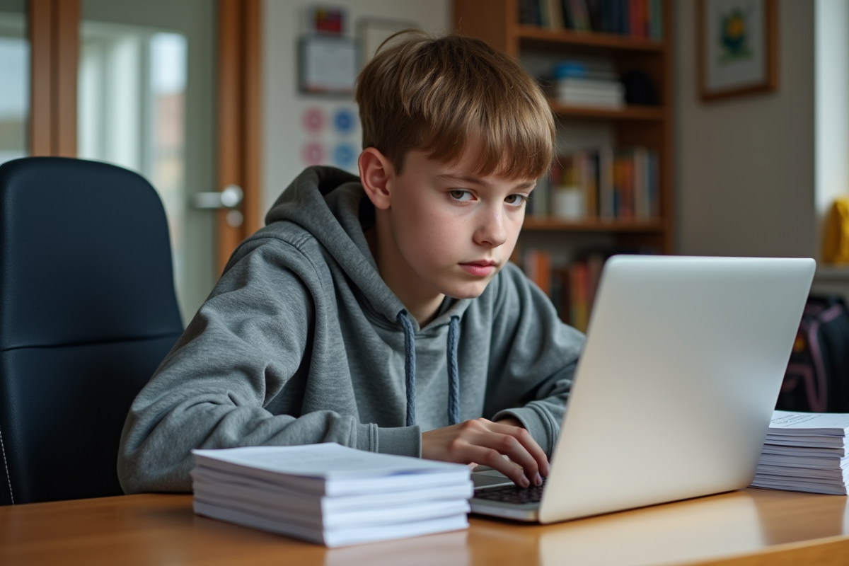Jeune garçon de 14 ans concentré sur ses livres de code de conduite