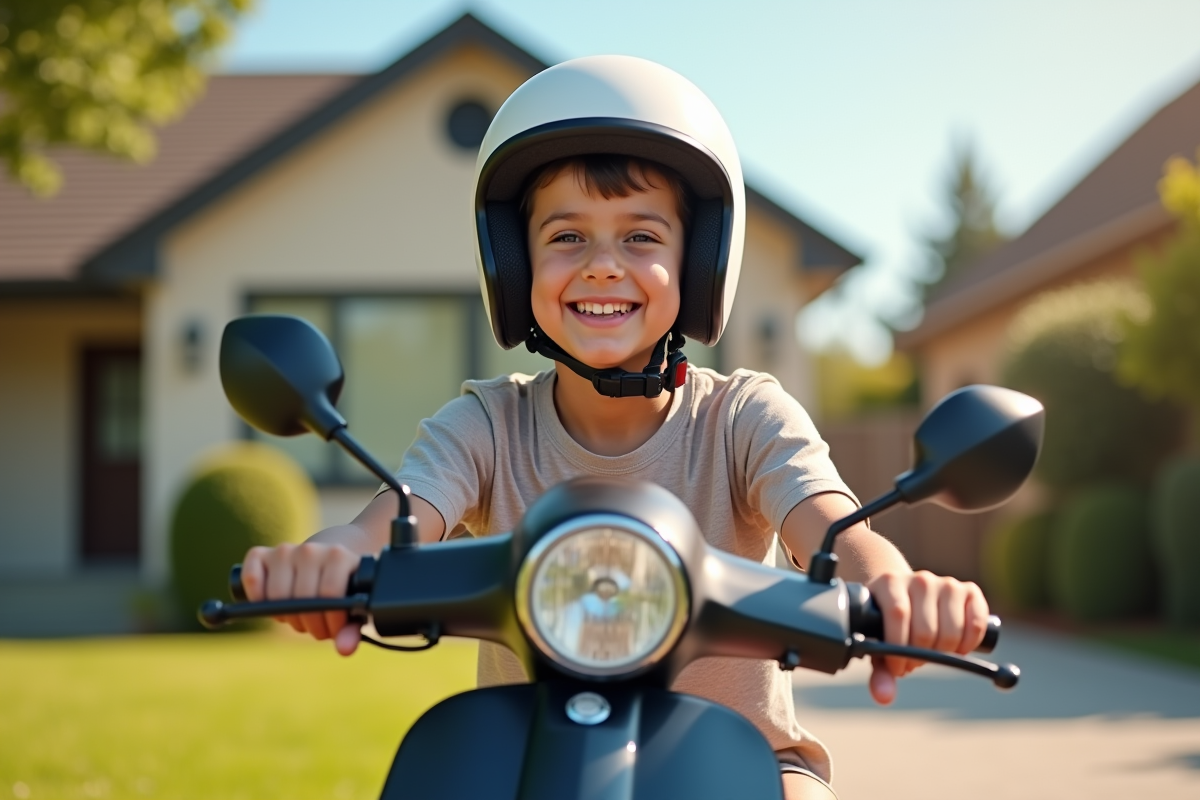 Adolescent souriant avec casque sur un scooter moderne devant une maison
