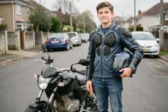 Jeune conducteur de 16 ans avec casque moto et blouson de protection debout à côté d'une 125cc dans une rue résidentielle