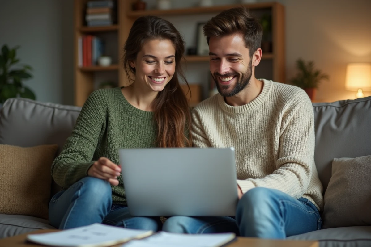 Jeune couple découvrant ensemble les économies possibles grâce à lppd conseil.fr sur leur ordinateur portable