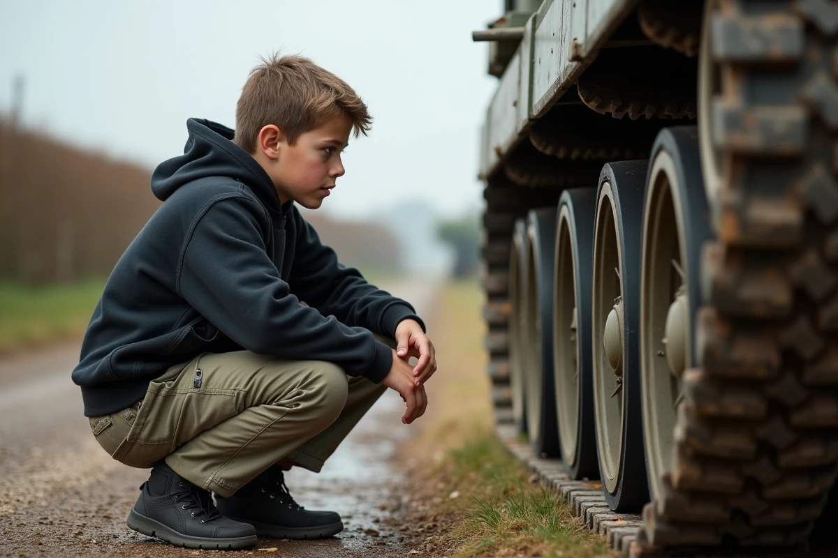 Jeune passionne examinent un char Challenger 2 sur un terrain