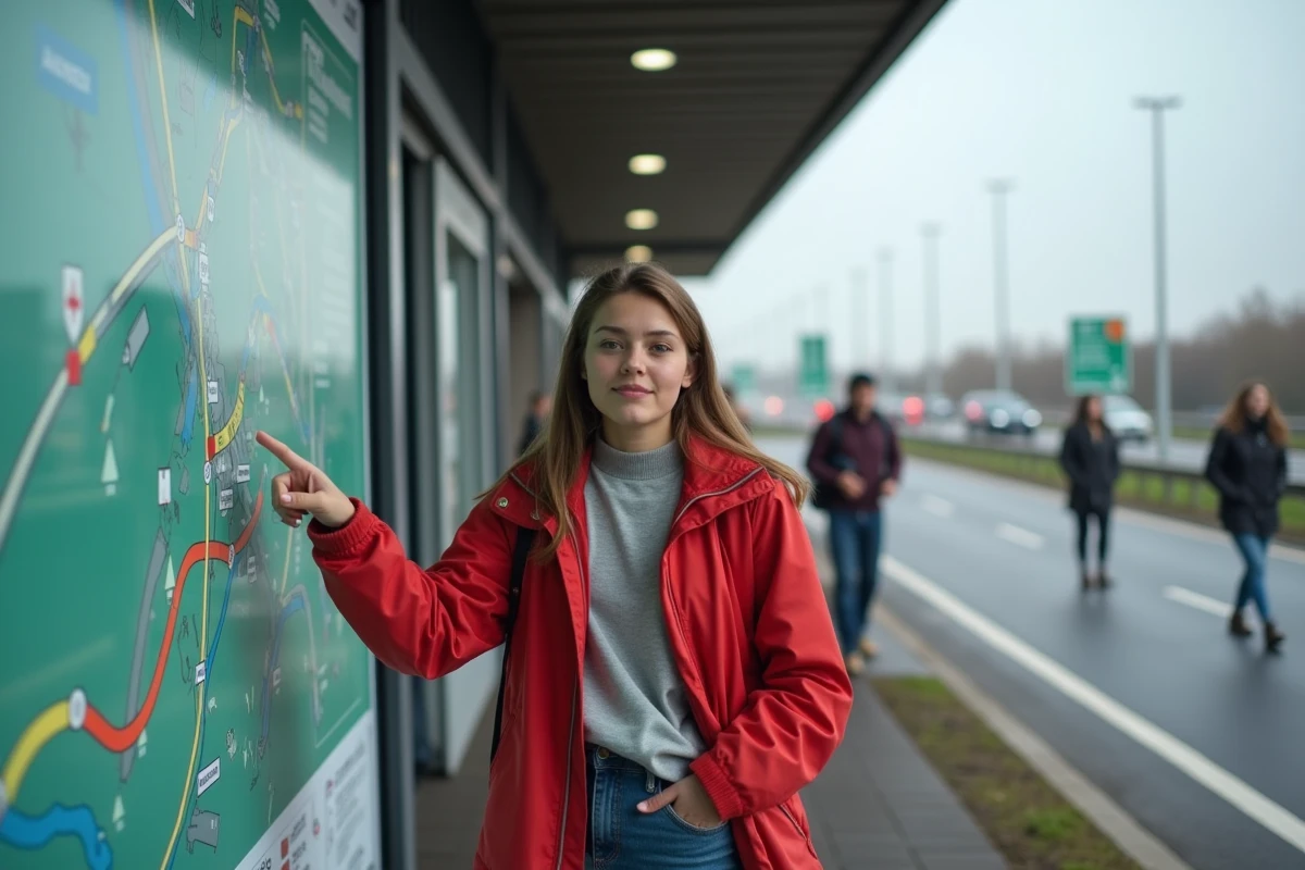 Jeune femme pointant une carte autoroute au service