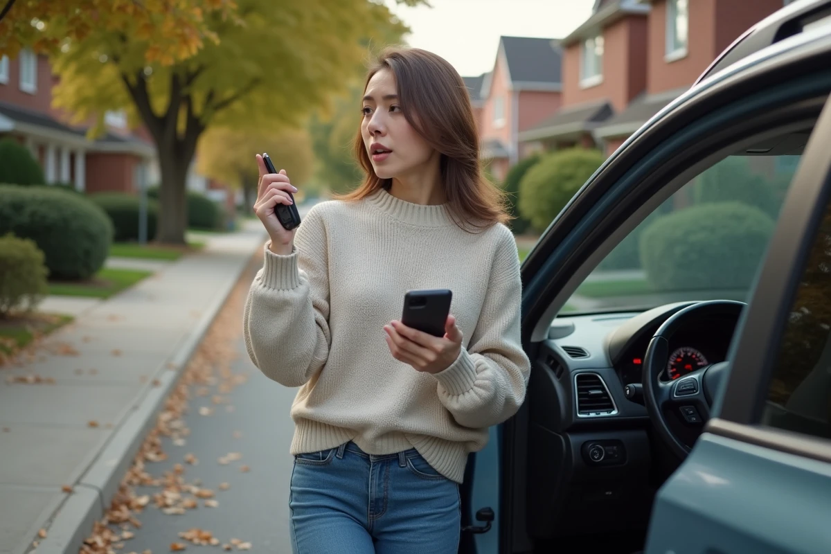 Jeune femme avec clé et téléphone près de sa voiture en rue résidentielle