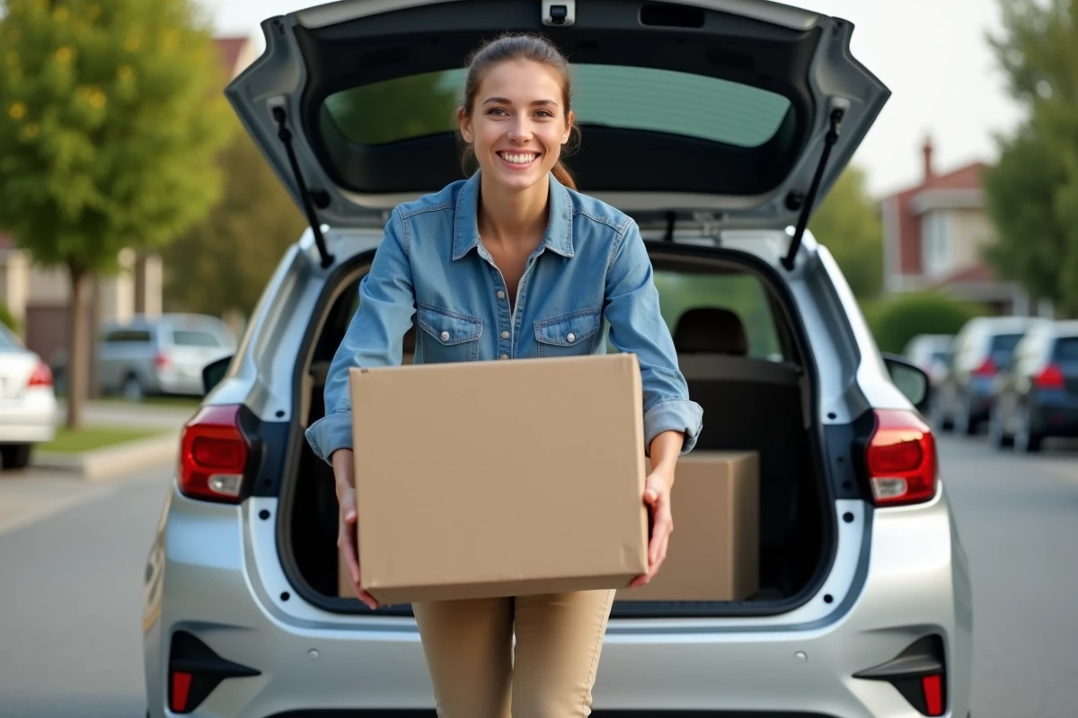 Jeune femme déchargeant des cartons de la voiture