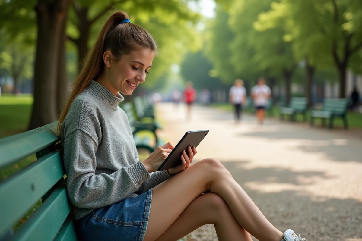 Jeune femme regardant une tablette dans un parc verdoyant