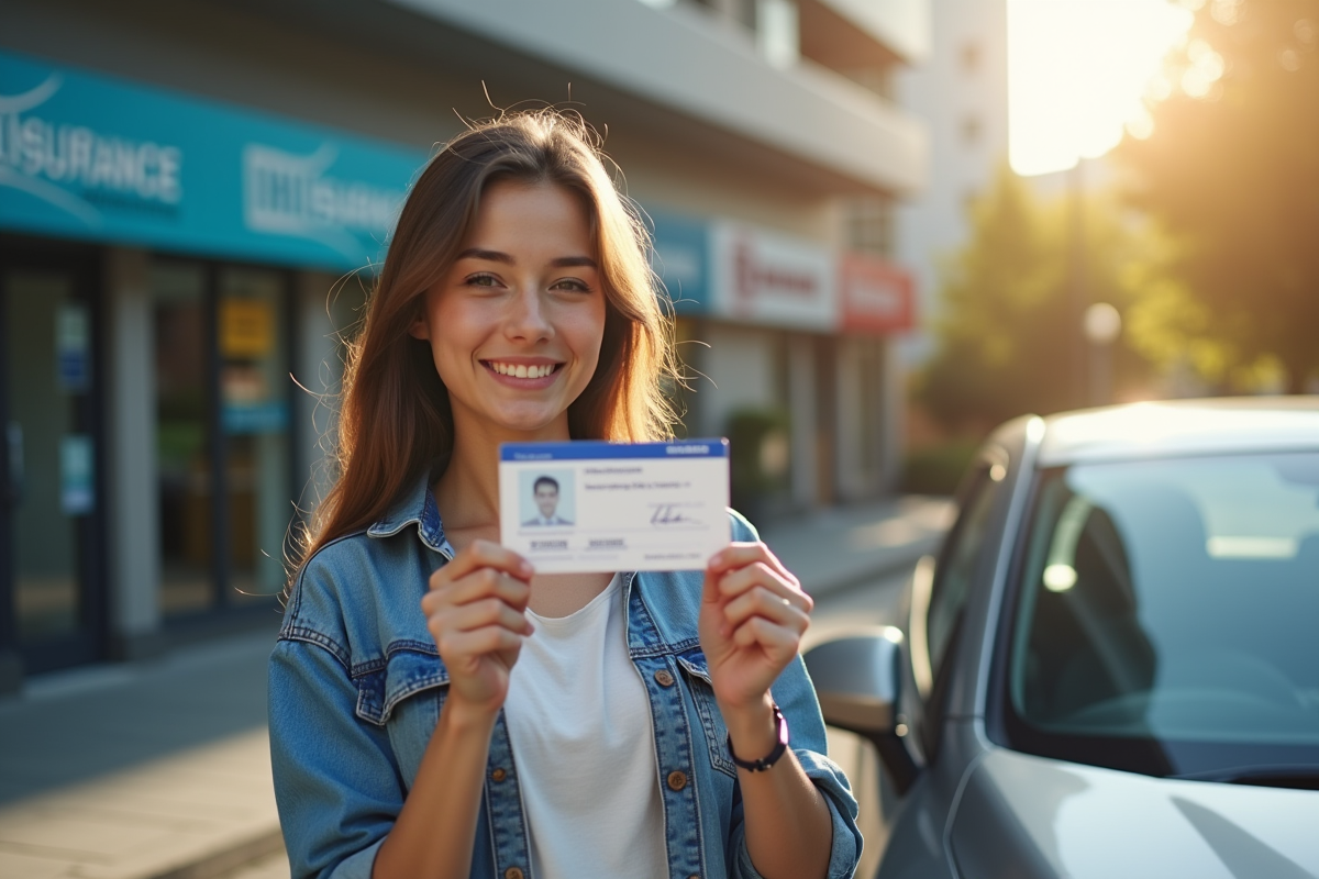 Jeune femme souriante avec permis de conduire devant sa voiture
