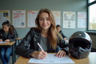 Jeune femme remplissant un formulaire de permis moto en classe