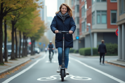 Jeune femme en parka roulant en scooter en ville