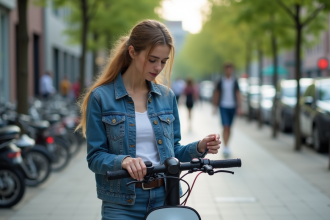 Jeune femme avec scooter électrique en ville