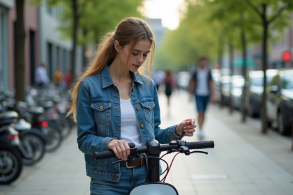 Jeune femme avec scooter électrique en ville