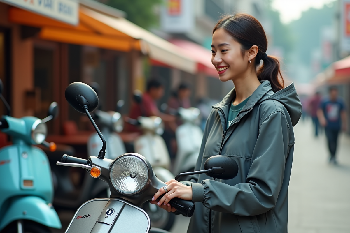 Jeune femme souriante vérifiant un prix sur un scooter