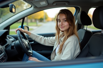 Jeune femme concentrée dans une voiture d'ecole de conduite