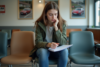 Jeune fille nerveuse en salle d'attente de l'auto ecole