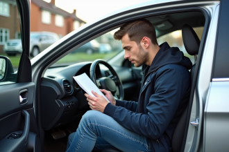 Jeune homme dans sa voiture avec document d'assurance