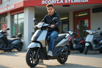 Jeune garçon en jeans et hoodie sur une moto 50cc neuve