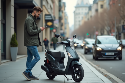 Jeune homme avec moto urbaine et smartphone