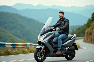 Jeune homme en moto scooter sur route de montagne