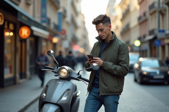 Jeune homme avec scooter en ville regardant son smartphone