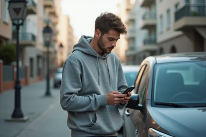Jeune homme avec smartphone près de sa voiture en ville