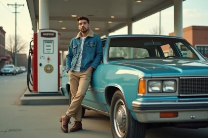 Jeune homme en denim près d'une voiture ancienne des années 90